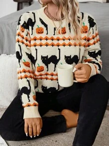 Calvaya Suéter Plus Size Estampado de Halloween para Outono, Pulôver de Tricô para Outono e Inverno - Multicolorido - Ver 5