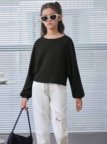 SHEIN Leap Crew Tween Girl 罗纹针织宽松复古短款长袖 T 恤 - 黑色 - 查看 4