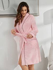 Women's Plush Robe With Trim, Simple Daily Loungewear Cozy And Elegant Details, For Fall Winter Outfit, Fluffy - Pink - View 3