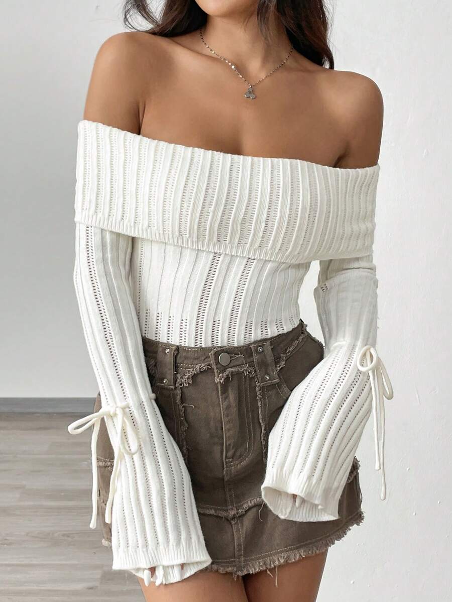 Flirla Versatile Off Shoulder Knitted Sweater, Fall Winter - Apricot - View 1