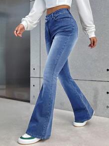 SHEIN Tall Quần Jeans Nữ Quần Ống Loe Đen Skinny Quần Ống Loe Eo Chéo Quần Legging Ống Loe Quần Áo Mùa Thu Cho Nữ Mùa Thu - Rửa trung bình - Xem 5