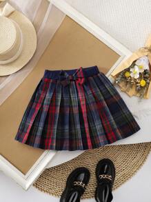 SHEIN Genkimix Kids 圣诞节年轻女孩经典格子百褶裙，带蝴蝶结，红色和蓝色格子休闲校园日常穿着裙子，适合圣诞节和日常场合 - 彩色 - 查看 3