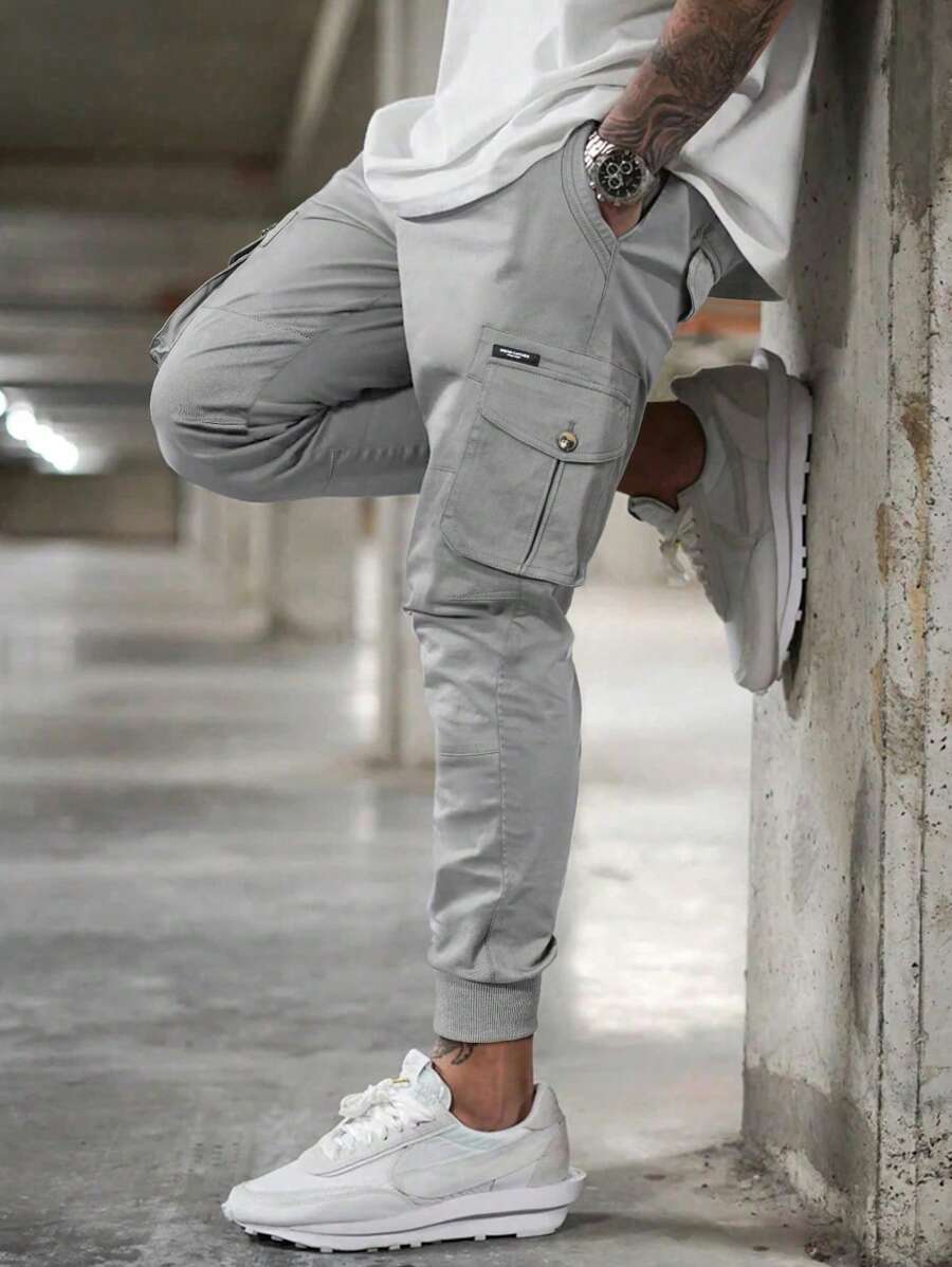 Manfinity Homme Pantalones casuales de cargo con cordón de unicolor para hombre - Gris Claro - Ver 1