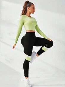SHEIN Cheerettes Women's Summer&Spring Gym&Workout Sportswear Black And Green Color Block High Elasticity Breathable Fabric Women's Sports Set Neck Long Sleeve Top And Skinny Leggings Sports - Multicolor - View 4