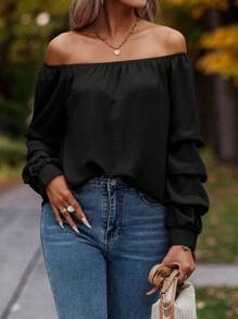SHEIN Clasi 露肩褶饰主教袖衬衫、长袖上衣 - 黑色 - 查看 4