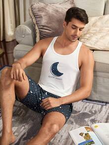 Conjunto de pijama de camiseta de tirantes y pantalones cortos con estampado de estrellas y lunas para hombres - Multicolor - Ver 3