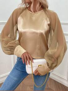 SHEIN Clasi 女士春秋休闲拼色灯笼袖衬衫 - 金色 - 查看 7