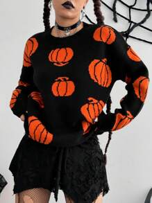 Flirla Funny Pumpkin Pattern Sweater For Halloween
