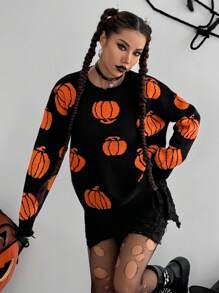 Flirla Funny Pumpkin Pattern Sweater For Halloween