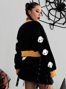 SHEIN Unity Women Autumn Halloween Colorblock Skull Pattern Cardigan, Fall Winter Clothes - Black - View 2