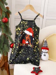 SHEIN Robe de Noël pour jeunes filles, robe de fête à imprimé graphique avec message de Noël sans manches pour tout-petit en noir, nouvelle arrivée pour l'automne