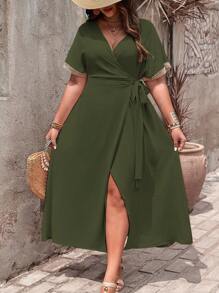 Franclia Plus Size Vacation Casual Contrast Lace Tie-Up Wrap Dress