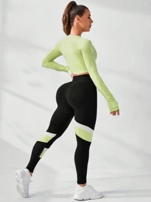 SHEIN Cheerettes Women's Summer&Spring Gym&Workout Sportswear Black And Green Color Block High Elasticity Breathable Fabric Women's Sports Set Neck Long Sleeve Top And Skinny Leggings Sports - Multicolor - View 6