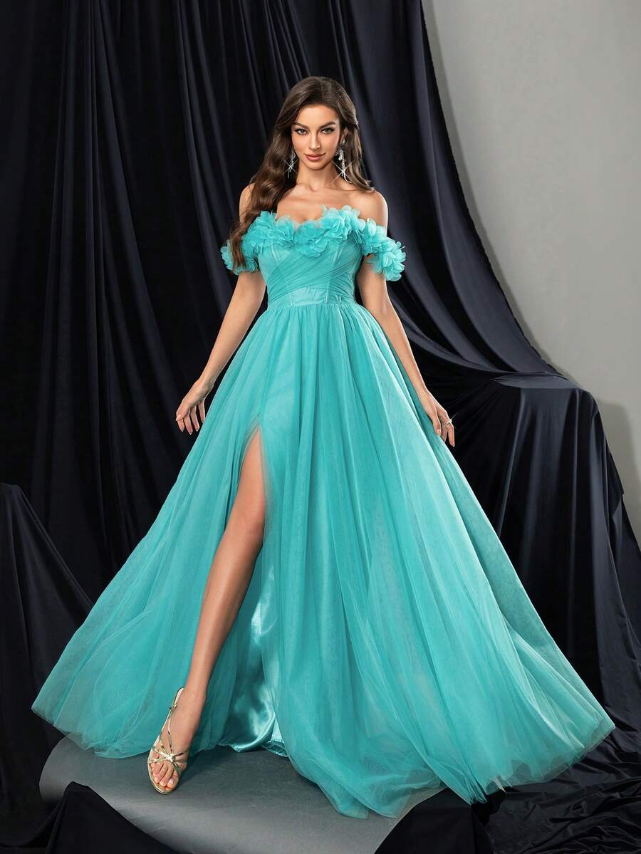 Princess Style Premium One Shoulder High Slit Blue Green Women Gown Dresses For Formal Banquet - Green - View 1