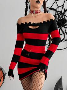 Flirla 万圣节双色条纹露肩紧身毛衣连衣裙 - 彩色 - 查看 3