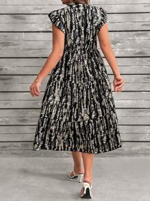 Plus Size Random Print Notch Neck Cap Sleeve Dress