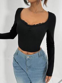 SHEIN Unity Square Neck Ribbed Design Long Sleeve T-Shirt With Ruffled Hem - Black - View 5
