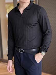 Manfinity Homme Áo thun polo nam có gân chắc chắn dài tay trơn màu đen thành thị Áo thun polo công sở thông thường - màu đen - Xem 4