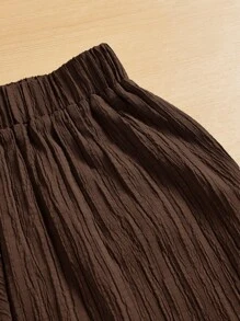 SHEIN Essnce 女式系腰纹理阔腿七分裤，休闲夏季 - 咖啡棕 - 查看 5