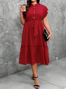 SHEIN LUNE Váy chấm bi in viền bèo nhún mùa hè cỡ lớn - Đỏ - Xem 4