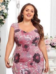 Plus Size Floral Sequin Pattern Mermaid Hem Party Dress Elegant Prom Semi Formal Wedding Guest Dress, For Birthday, Graduation, Homecoming