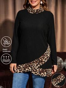 EMERY ROSE Camisa de manga larga con estampado de leopardo y cuello alto para mujer de talla grande, ropa primavera, otoño, otoño