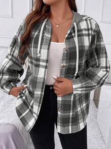 EMERY ROSE Plus Size Casual Plaid Patchwork Hooded Jacket, Autumn Fall Winter Cloth For Women - Black and White - View 5