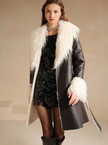 SHEIN X Lucía Bellido Anewsta 毛边收腰中长款女士常规外套 - 黑色 - 查看 5