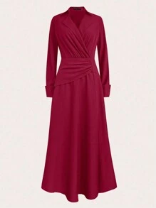 SHEIN Clasi Long Sleeve Crossover Pleated Slit Dress - Burgundy - View 1