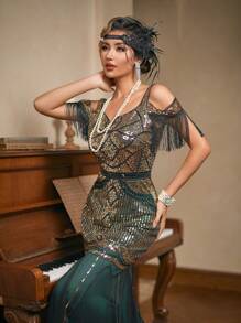 Đầm dạ hội dài LVNES kiểu Gatsby cổ chữ V đính hạt cườm thập niên 1920, thích hợp cho tiệc cưới, dạ hội, lễ hội trường, kỳ nghỉ xuân, có tua rua. - Màu xanh lá cây đậm - Xem 7