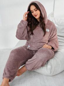 SHEIN Hooded Solid Color Plush Fluffy Pajama Set With Front Pockets, Plus Size, Fall Winter Clothes, Cozy Outfit - Mauve Purple - View 5