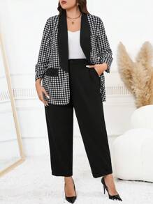 SHEIN Clasi 2 件套加大码黑白千鸟格西装外套和裤子 - 黑與白 - 查看 6