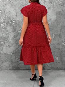SHEIN LUNE Váy chấm bi in viền bèo nhún mùa hè cỡ lớn - Đỏ - Xem 2