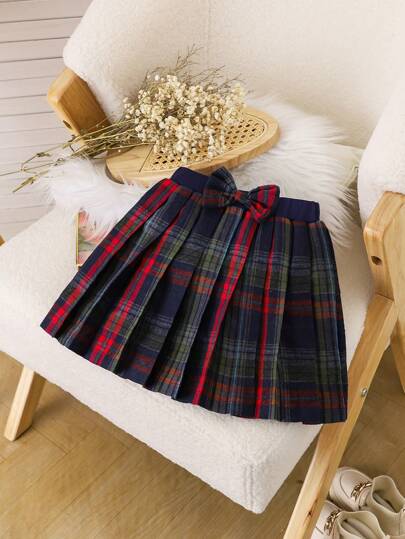 SHEIN Genkimix Kids 圣诞节年轻女孩经典格子百褶裙，带蝴蝶结，红色和蓝色格子休闲校园日常穿着裙子，适合圣诞节和日常场合