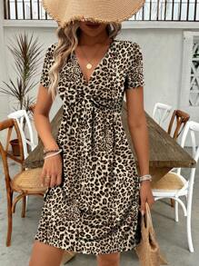 EMERY ROSE Leopard Print V-Neck Twist Design Summer Short Sleeve Dress - Multicolor - View 1