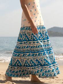 CAJUNI Đầm xòe hở vai cổ chữ V họa tiết Boho, họa tiết sóng và cá nhỏ cho nữ, váy dài thướt tha cho kỳ nghỉ bãi biển mùa hè - Nhiều màu - Xem 9