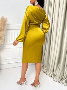 SOLERSUN Asymmetric Neckline Ruched Side Satin Bodycon Dress Maxi Women Outfit Fall Cloth For Women - Mustard Yellow - View 2