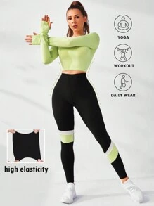 SHEIN Cheerettes Women's Summer&Spring Gym&Workout Sportswear Black And Green Color Block High Elasticity Breathable Fabric Women's Sports Set Neck Long Sleeve Top And Skinny Leggings Sports - Multicolor - View 2