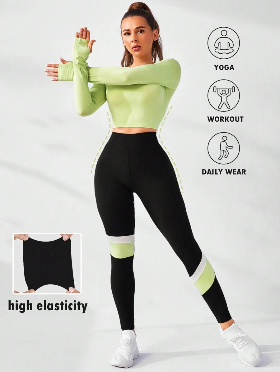 SHEIN Cheerettes Women's Summer&Spring Gym&Workout Sportswear Black And Green Color Block High Elasticity Breathable Fabric Women's Sports Set Neck Long Sleeve Top And Skinny Leggings Sports