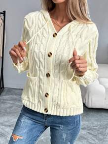 SHEIN LUNE Casual Solid Color Hooded Cardigan With Dual Pockets, Spring Autumn