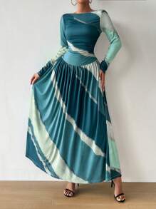 SHEIN Clasi Elegant Random Tie-Dye Ruched A-Line Casual Dress For Daily Wear, Spring Autumn - Green - View 5