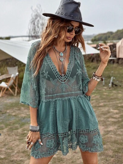 LanaWest Summer Outfits For Women Contrast Lace Plunging Cover Up Boho Women Clothing,Summer Beach