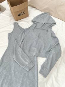 SHEIN Unity 2 sztuki/zestaw Wiosna Jesień Swobodny Jednolity Kolor Długi Rękaw Top I Sukienka Bez Rękawów Garnitur - Szary - Zobacz 1