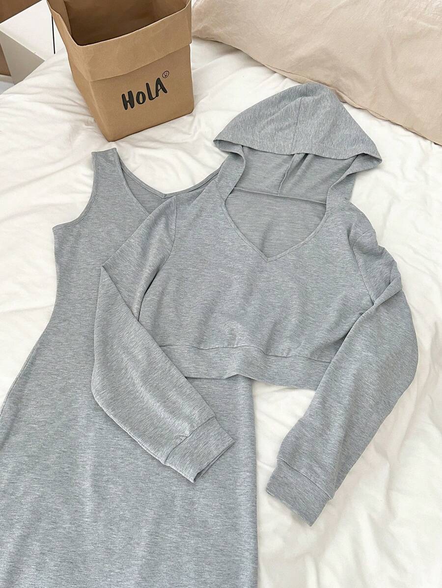 SHEIN Unity 2 sztuki/zestaw Wiosna Jesień Swobodny Jednolity Kolor Długi Rękaw Top I Sukienka Bez Rękawów Garnitur - Szary - Zobacz 1