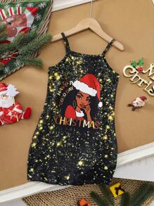 SHEIN Robe de Noël pour jeunes filles, robe de fête à imprimé graphique avec message de Noël sans manches pour tout-petit en noir, nouvelle arrivée pour l'automne
