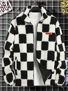 Manfinity EZcore Plus Size Checkered Print Pocket Zip-Up Long Sleeve Fleece Jacket - Black - View 1