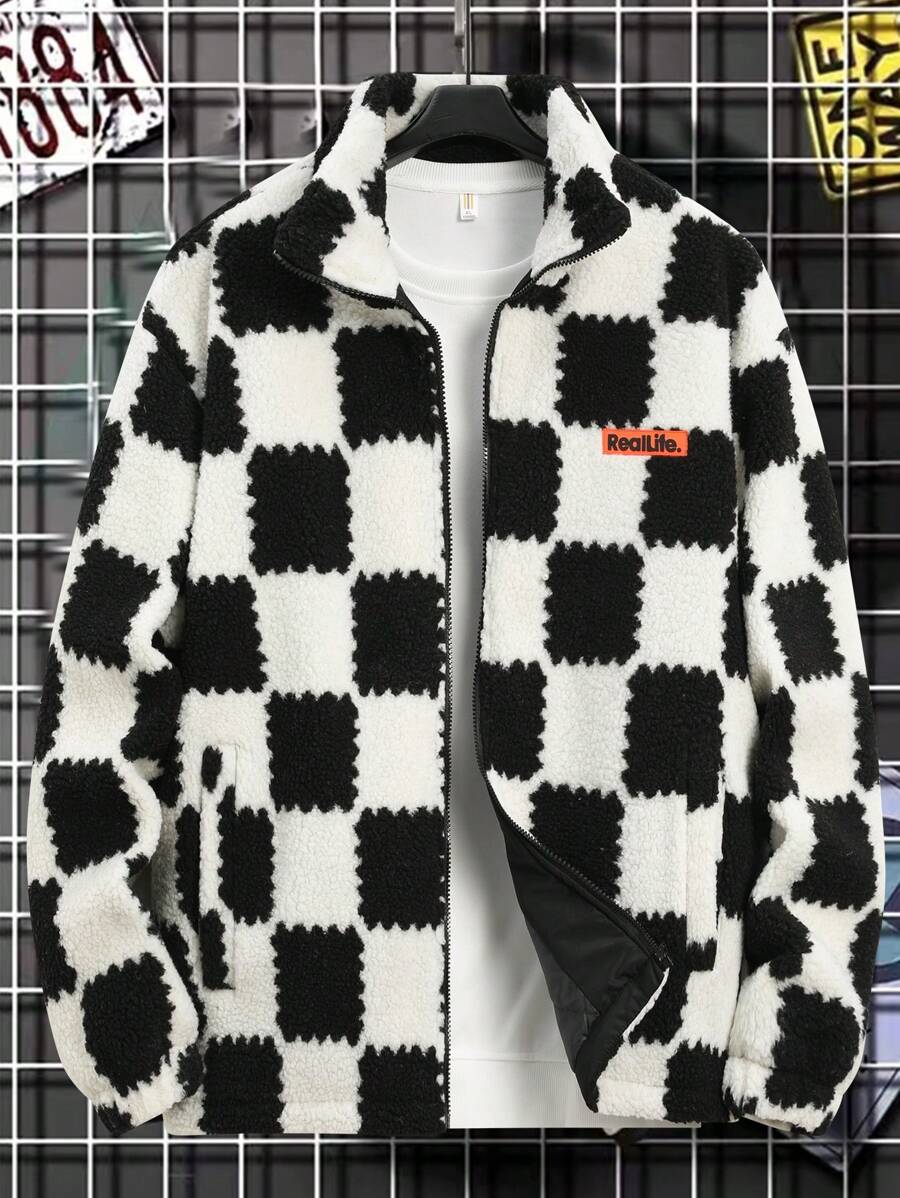 Manfinity EZcore Plus Size Checkered Print Pocket Zip-Up Long Sleeve Fleece Jacket - Black - View 1
