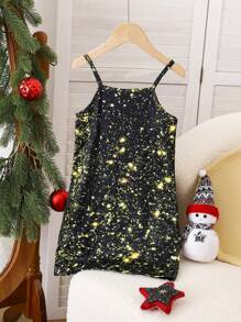 SHEIN Robe de Noël pour jeunes filles, robe de fête à imprimé graphique avec message de Noël sans manches pour tout-petit en noir, nouvelle arrivée pour l'automne