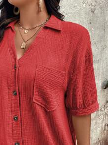EMERY ROSE Plus Size Women's Solid Color Minimalist Casual Short Sleeve Dress For New Year Clothes - Red - View 7