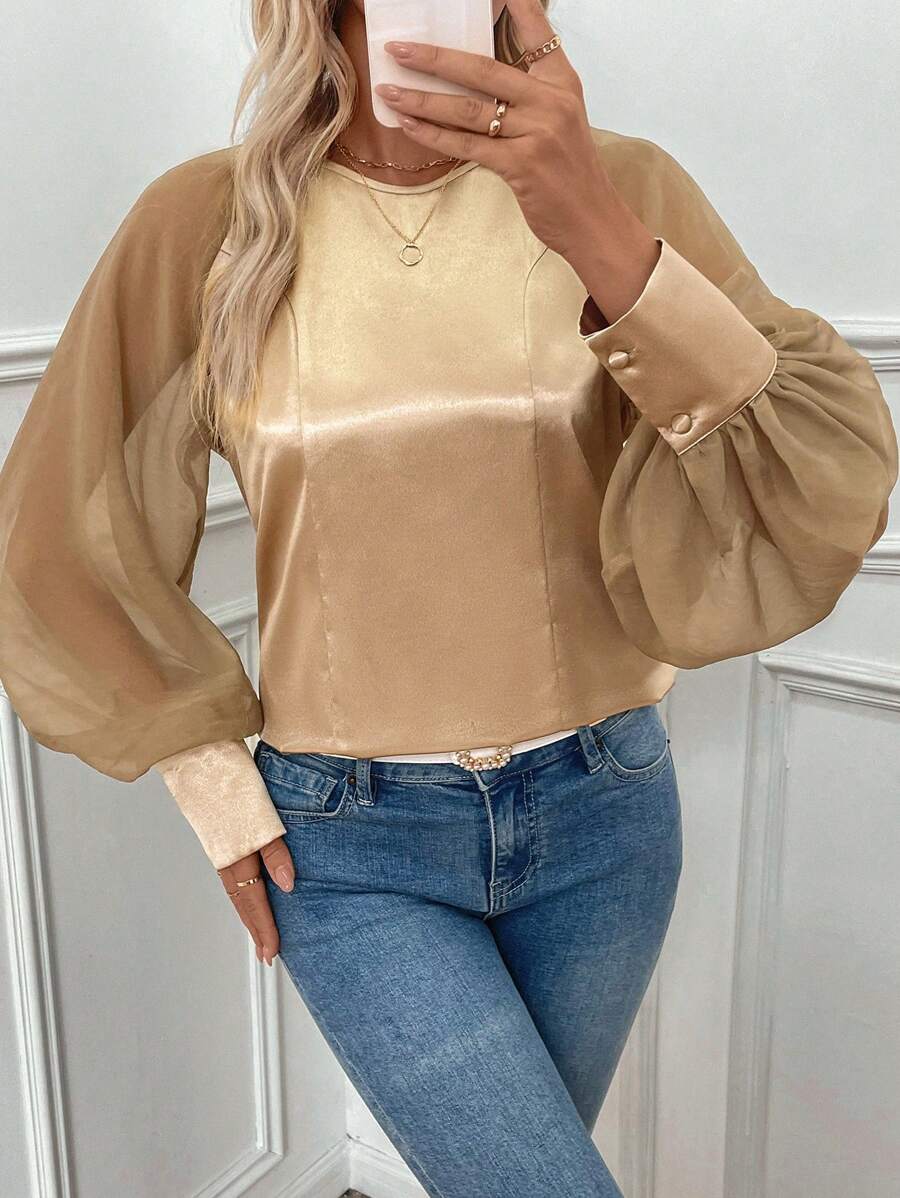 SHEIN Clasi 女士春秋休闲拼色灯笼袖衬衫 - 金色 - 查看 1